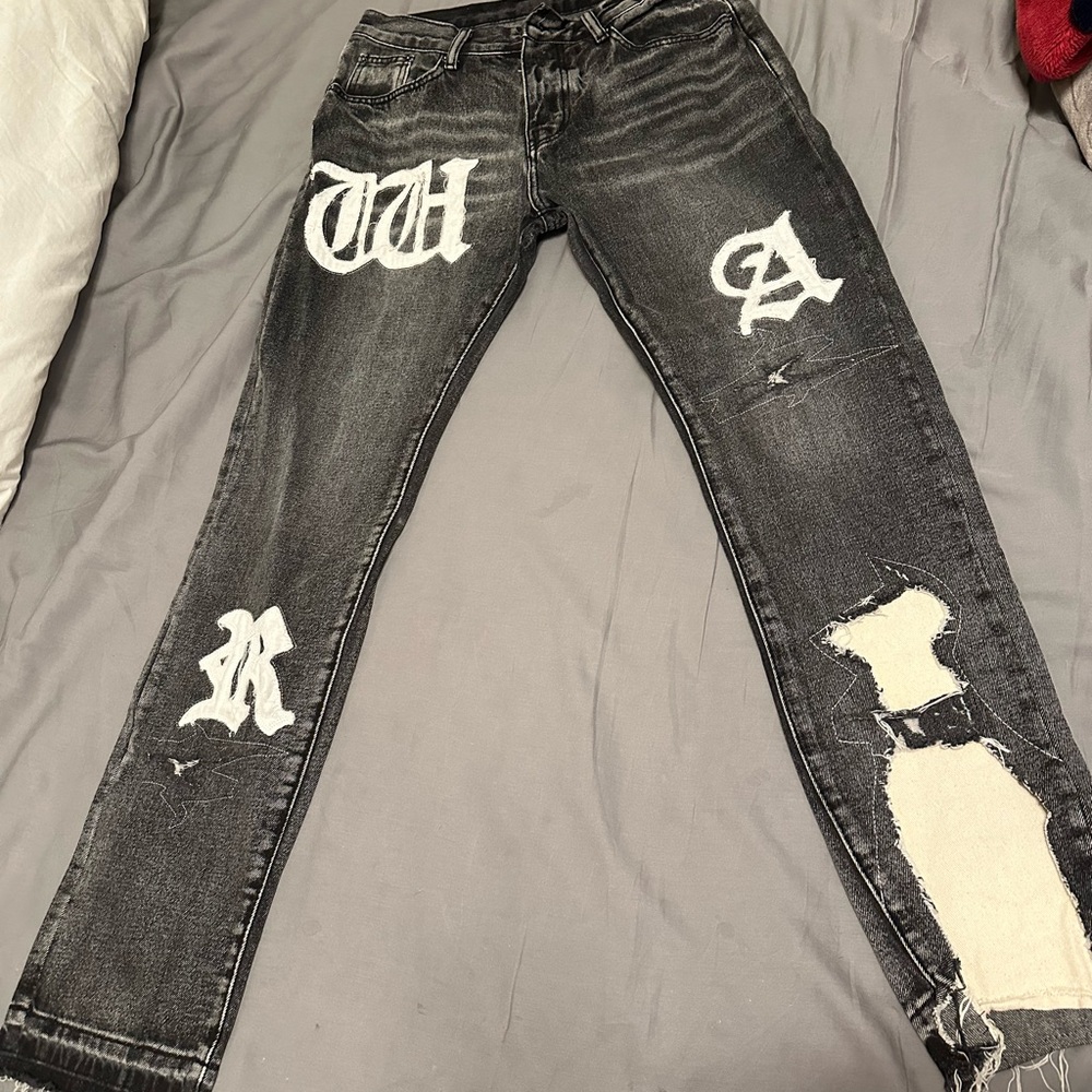 MNML Black Distressed Jeans with White Patches